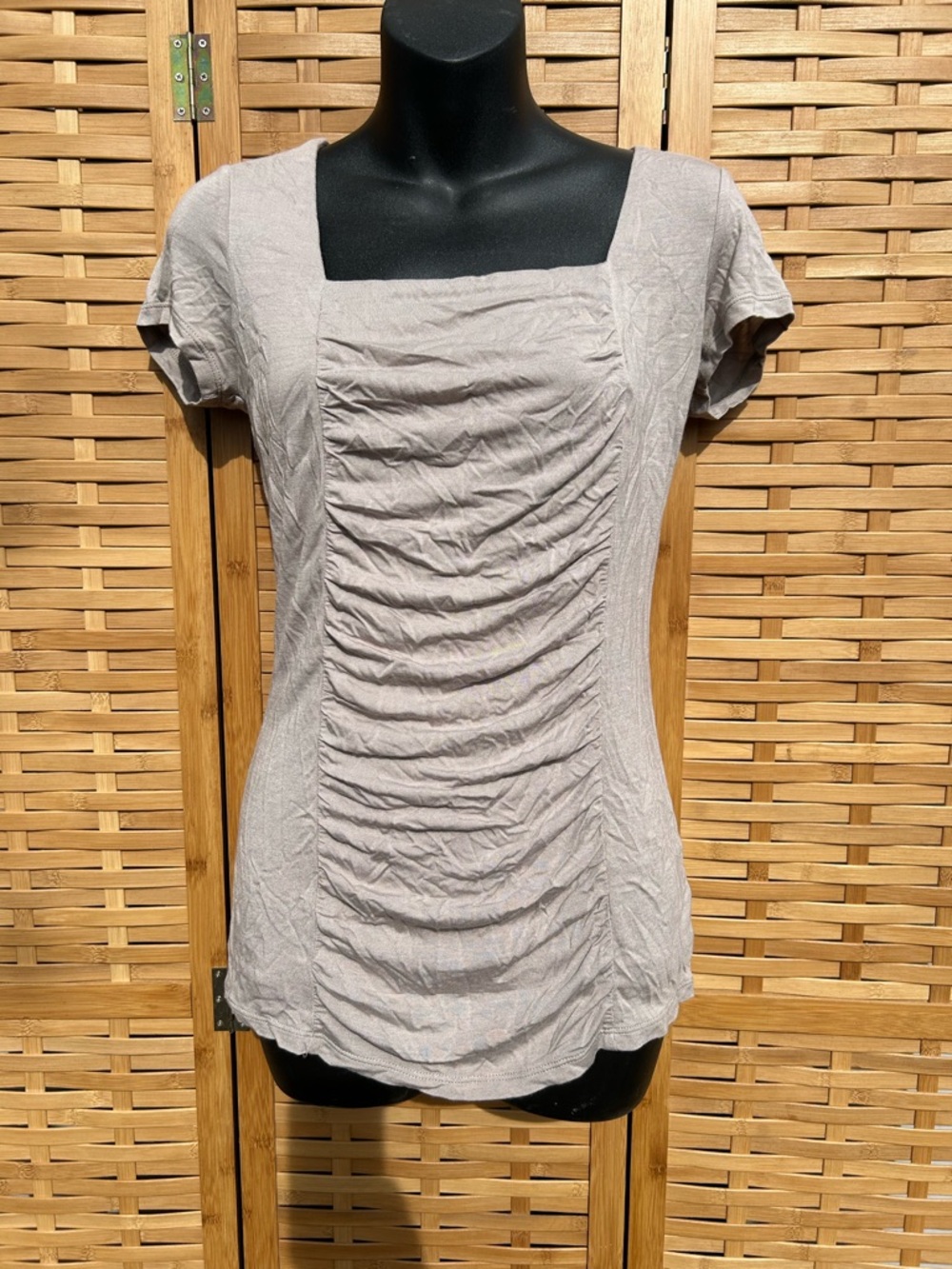 INC International Concepts Taupe Ruched Square-Neck Short Sleeve Top